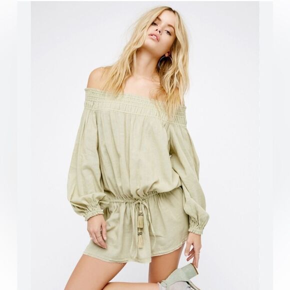 Free People Linen Blend Off The Shoulder Drop Waist Dress NWT - Picture 1 of 7